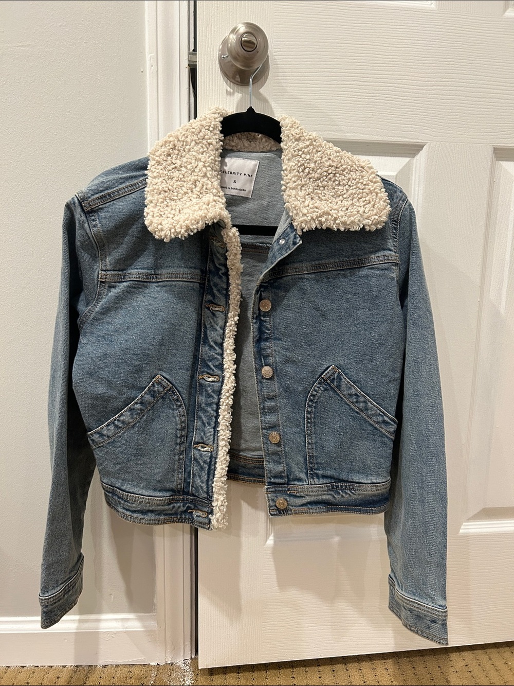Celebrity Pink Light Blue Denim Jacket with Cream Sherpa Collar